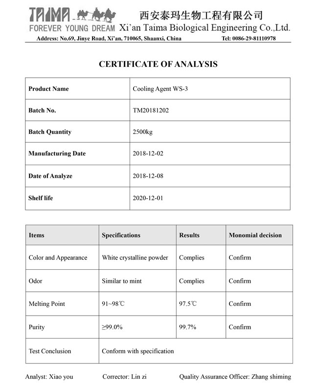 Food Grade Cooling Agent WS-3 Koolada 99.9% Pure Crystal Powder Mild Cooling 1